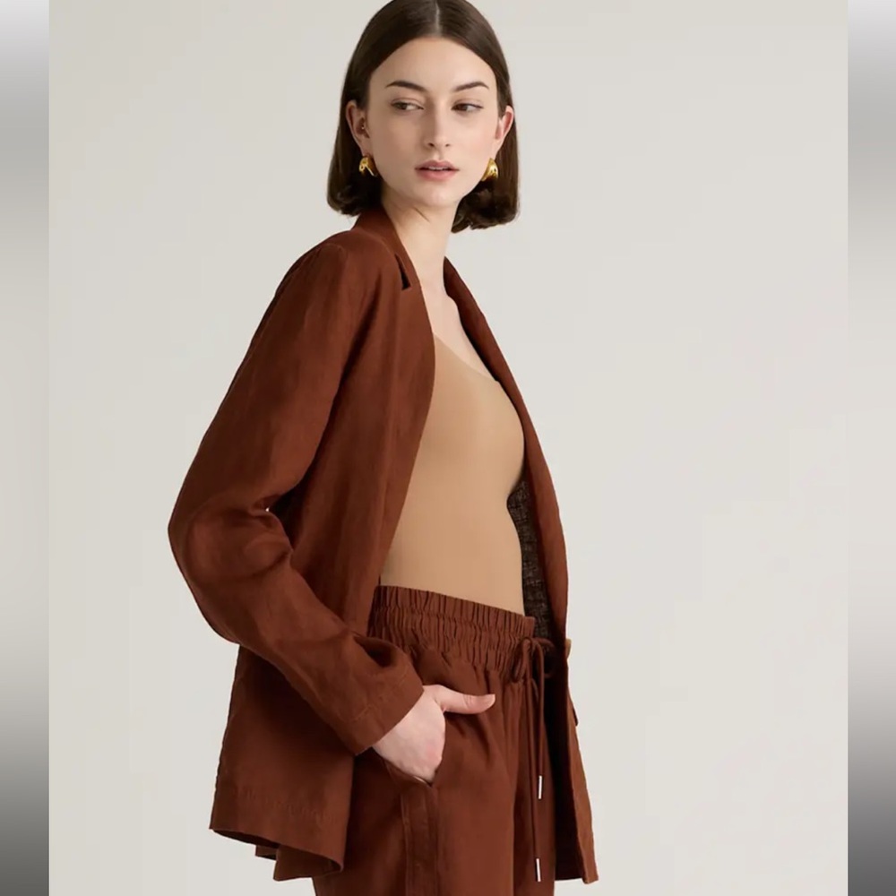 QUINCE  100% European Linen Chocolate Suit Set Blazer Pants Top Size M-S-S